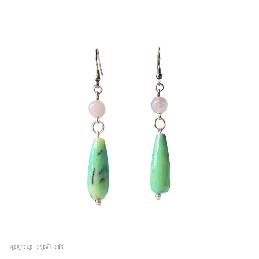 GREEN OPAL Handmade Earrings with Rose Quartz - Picture 7 of 8